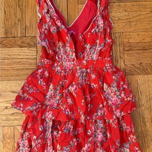Women Floral Red Ruffled Sundress